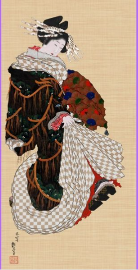 年礼廻りの花魁　葛飾北斎 肉筆画 　小河蒼雪　レタッチ
